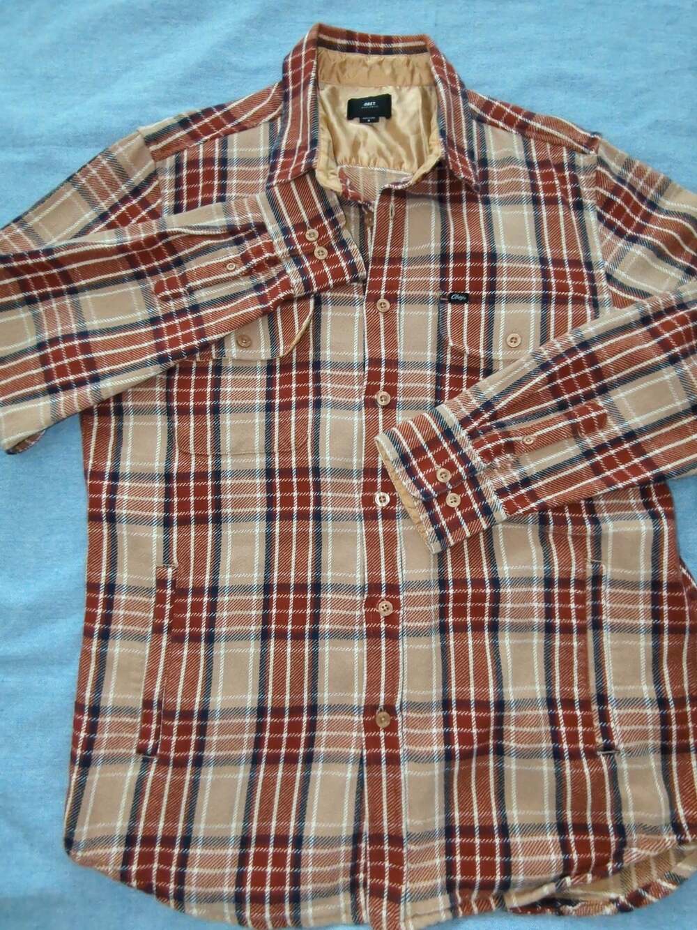 Obey Men's Plaid Flannel Button-Up Long Sleeve Shirt Brown Orange Size M